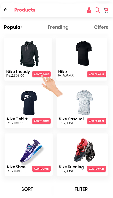 A mobile screenshot that displays the products where the user clicks the Nike thoody apparel to add to the cart