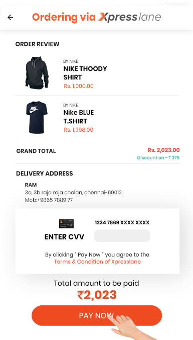 A mobile that displays the cart items such as Nike Thoody Shirt and Nike Blue T-Shirt which has to be paid with Xpresslane